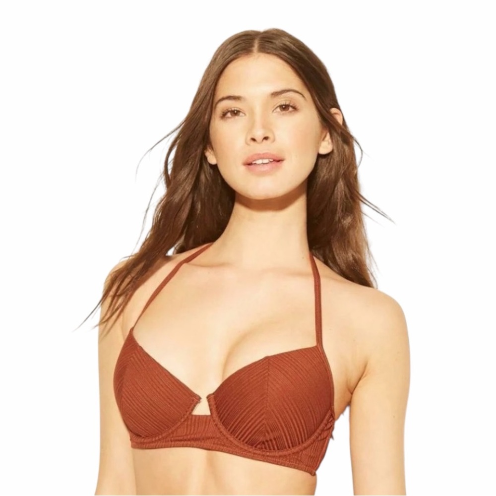 NEW Shade & Shore Cabana Cinnamon Ribbed Underwire Halter Bikini Top size 36D